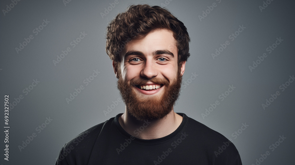 Happy young european man with beard and stylish hairstyle. Positive expression studio portrait. AI generated. Happy young european man with beard and stylish hairstyle. Positive expression studio portrait. AI generated.