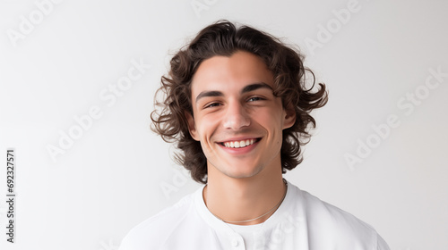 Happy young european man with stylish hairstyle. Positive expression studio portrait. AI generated.