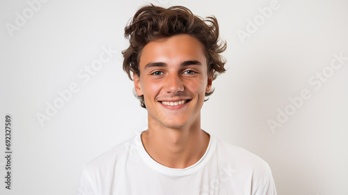 Happy young european man with stylish hairstyle. Positive expression studio portrait. AI generated.