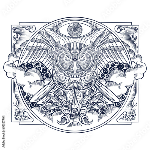 owl illustration with hand drawn line ornaments and symbols, white background