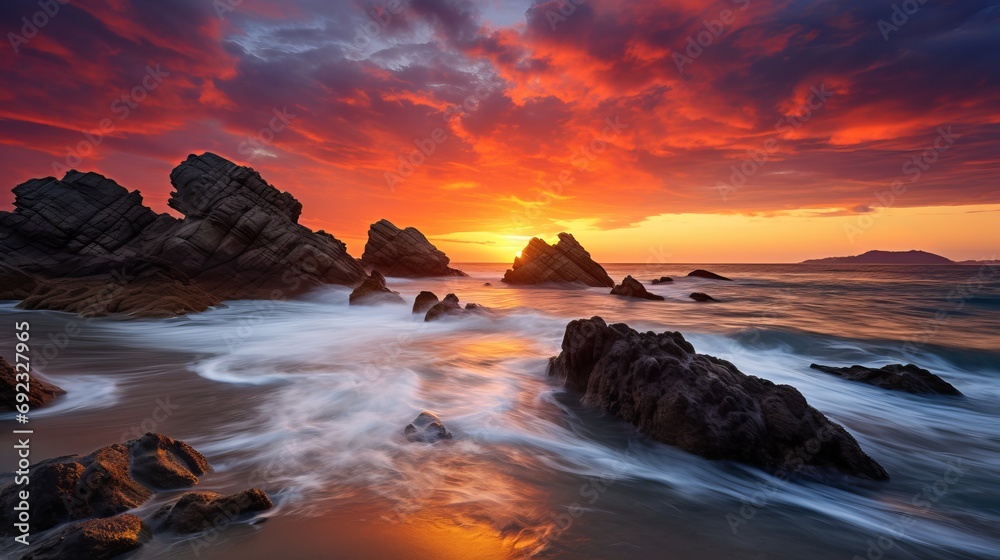 The seashore is illuminated by a bright and colorful sunrise.
