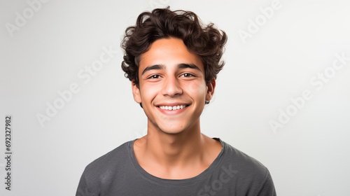 Simple emotional portrait of smiling young guy in studio. AI generated