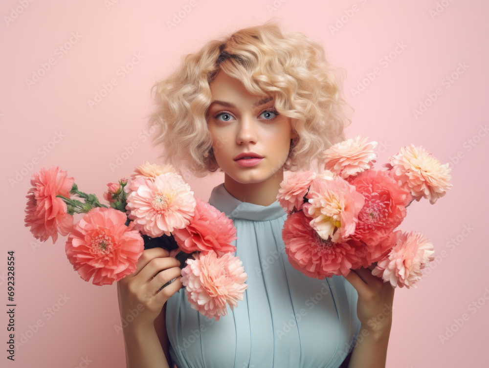 Woman with flowers, soft retro look. Woman with flowers, soft retro look.
