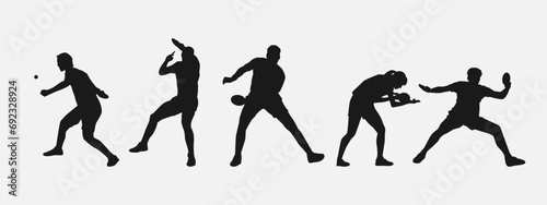 set of silhouettes of table tennis players with different poses, gestures. isolated on white background. vector illustration.
