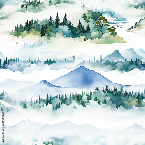 Seamless pattern depicting misty blue mountains, coniferous forests, and reflective lakes in watercolor.