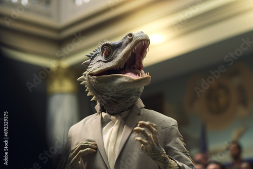 Female politician lizard person speaking at a political event,  reptilian shapeshifter conspiracy theory photo