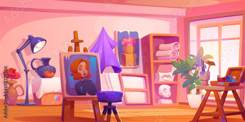 Art studio room interior with equipment. Vector cartoon illustration of artist workshop with furniture, sculptures and painting canvas on shelf, wooden easel and paint tubes, lamp, flower in vase