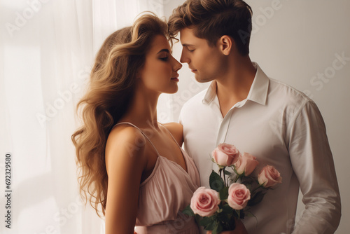 young tender couple with a bouquet of roses, beige shades, love, romance, Valentine's day