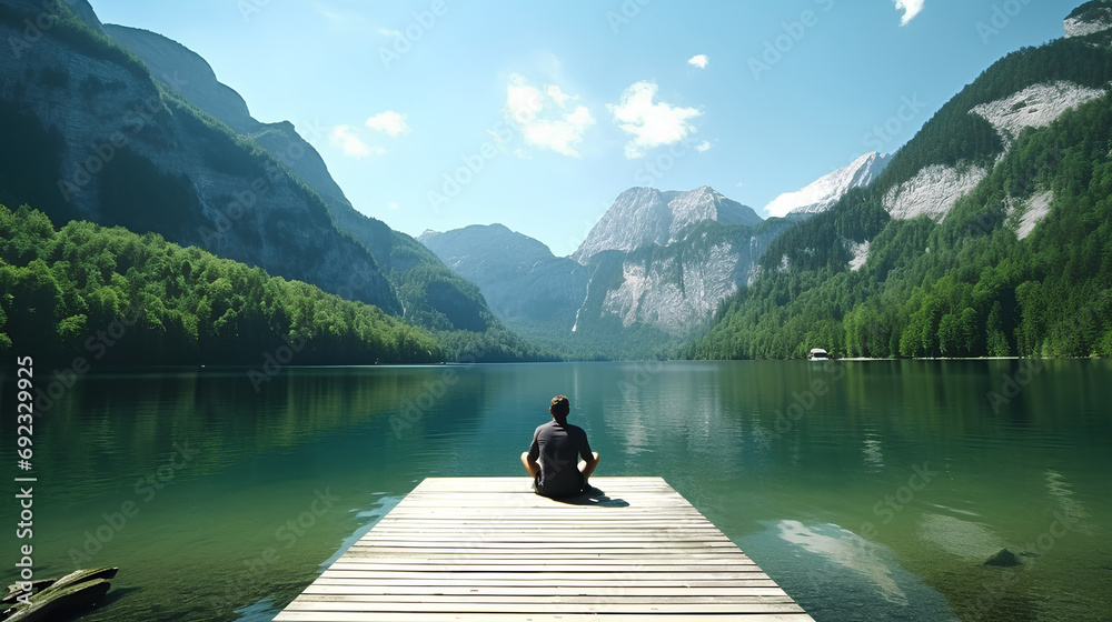 a person sitting on a boat pier admiring the Konigssee lake, Bavaria, Germany