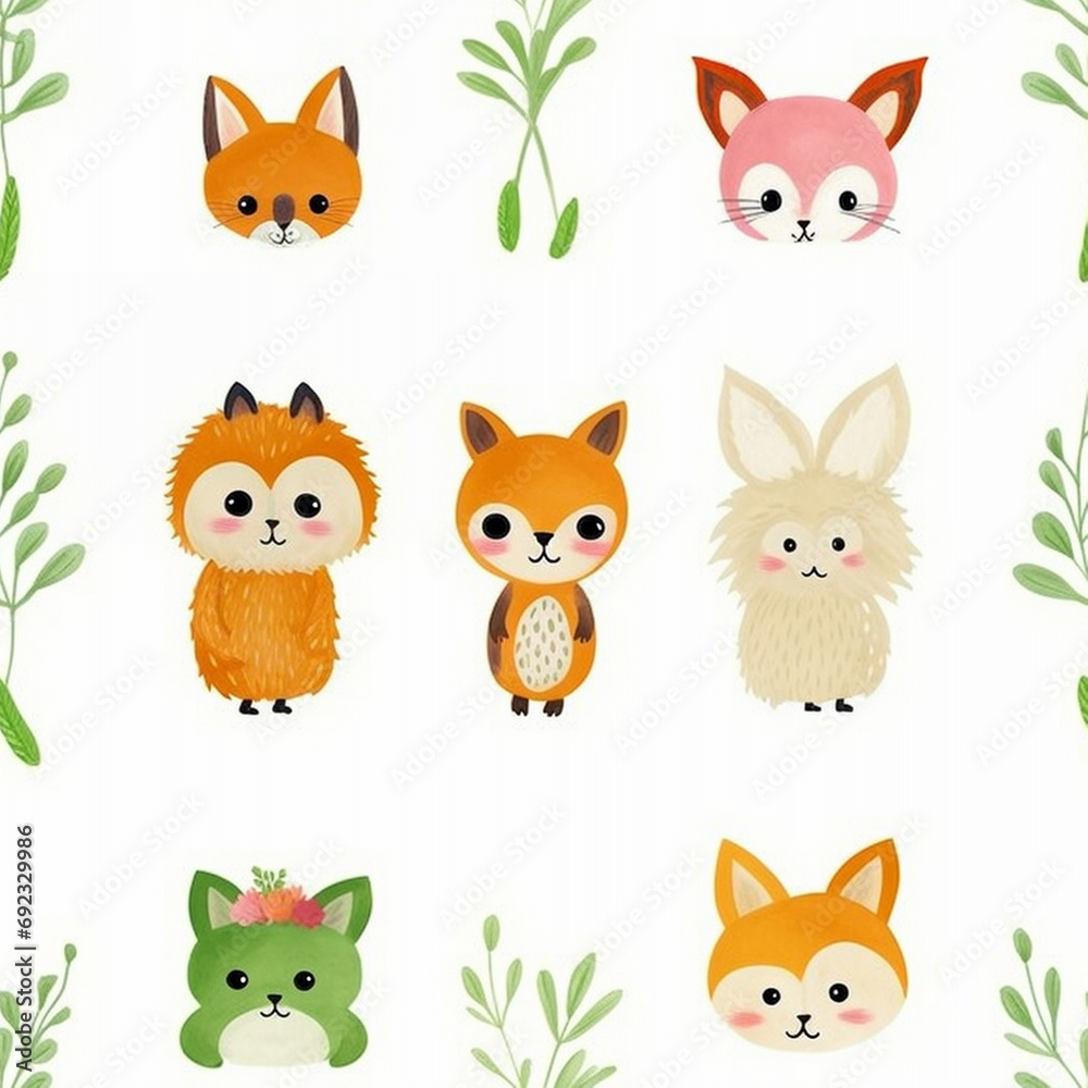 Seamless pattern of cute forest animals and green foliage in a soft watercolor style.