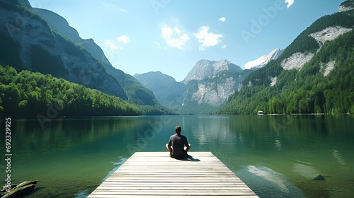 a person sitting on a boat pier admiring the Konigssee lake, Bavaria, Germany photo