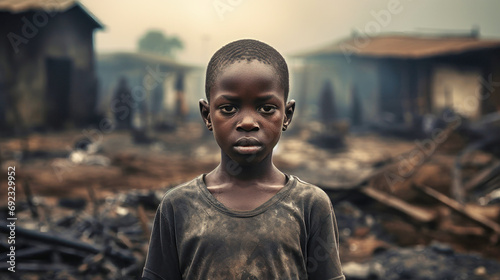 A poor little boy stands in a smoking dump on the outskirts of a slum. Poverty and hunger concept. Help hungry children photo