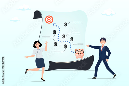 People planning with piggy bank strategy to reach target, financial investment growth strategy, money management for retirement goal, budget, expense analysis to reach financial goal (Vector) 