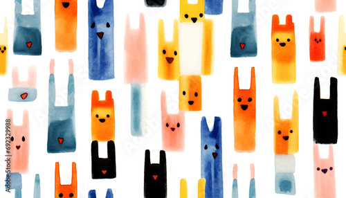 Abstract watercolor seamless pattern with playful bunny shapes in a vibrant color palette.