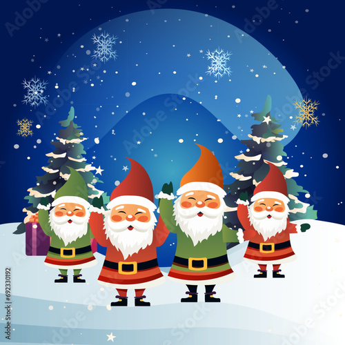 santa clauses in costumes standing together near snowy fir trees christmas eve holiday happy new year celebration template