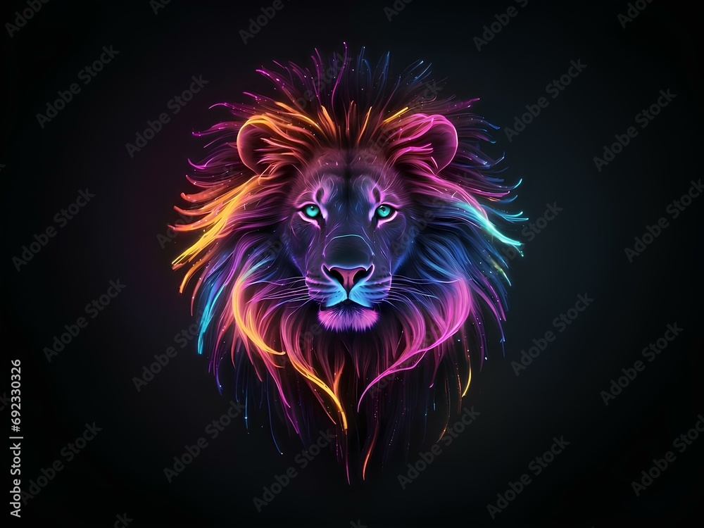 transparent glowing lion face, glowing lines, black background, for design, isolated