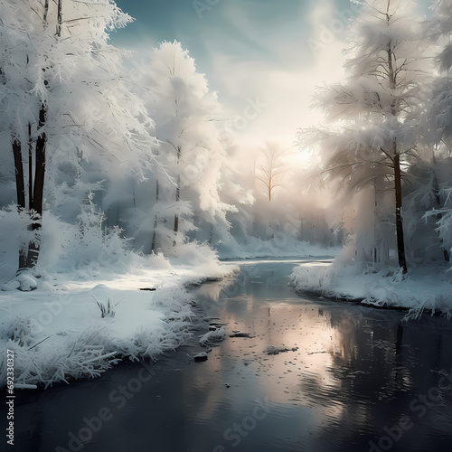 A winter wonderland with snow-covered trees and a frozen lake © Cao