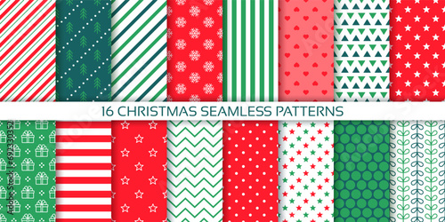 Christmas pattern. Seamless backgrounds. Xmas New year prints with polka dot, candy cane stripes, tree, stars snowflakes. Set Noel textures. Holiday red green wrapping papers. Vector illustration