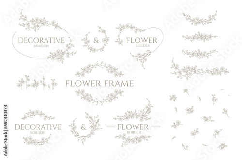 Set of floral frames, monograms and borders. Seamless pattern. Hand drawn wildflowers.