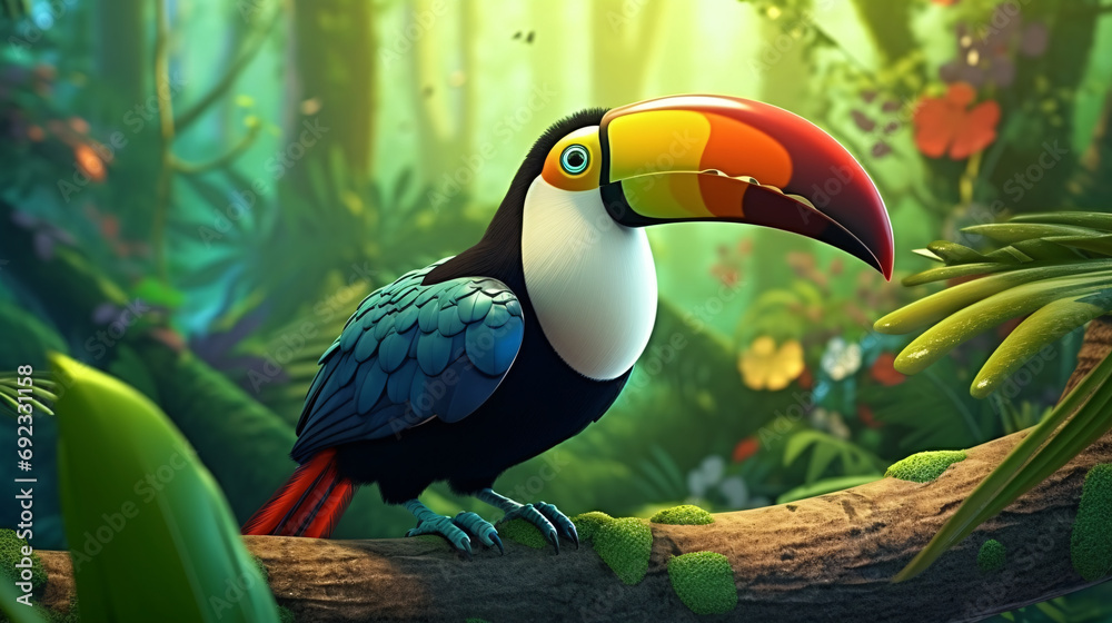 Illustration of a toucan bird in the rainforest