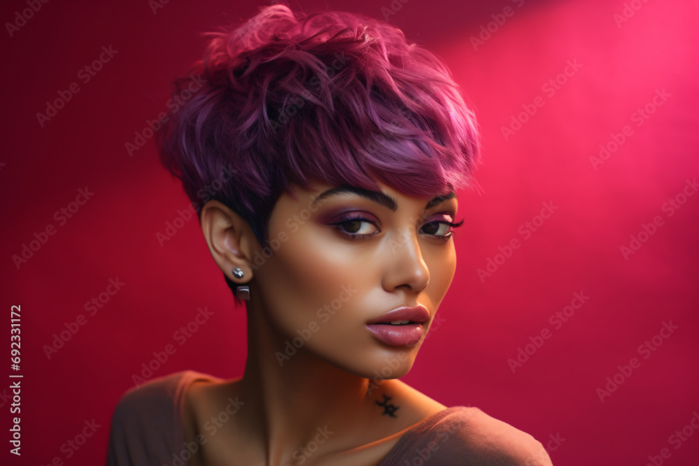 Fashion portrait of a woman with short purple hair in front of a pink background