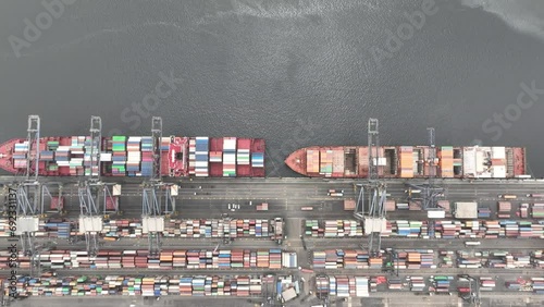 Container ships docked at KPT Port, Karachi, Pakistan. Aerial topview photo