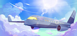 Passenger airplane flying high in sky above clouds against blue sky with sun. Cartoon vector landscape with liner making flight. Banner for aviation services and vacation travel on jet concept.