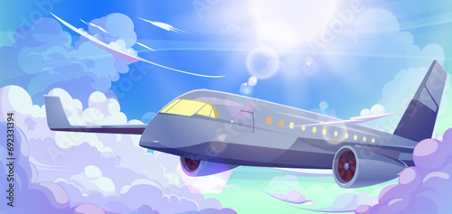 Passenger airplane flying high in sky above clouds against blue sky with sun. Cartoon vector landscape with liner making flight. Banner for aviation services and vacation travel on jet concept.