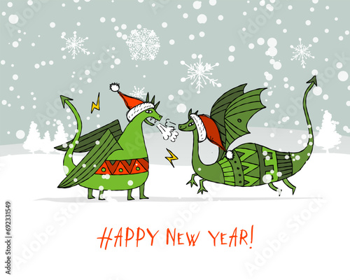 Couple of Funny Dragons in Santa hat in winter forest. Symbol of Chinese New ...