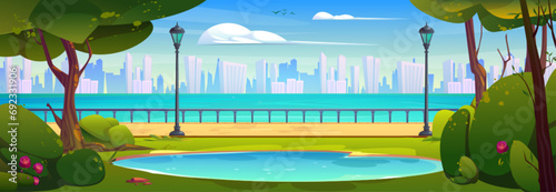 Summer day on city promenade with lake. Vector cartoon illustration of urban park alley with street lanterns, green trees, bushes, grass, flowers, modern buildings on opposite bank, birds in blue sky