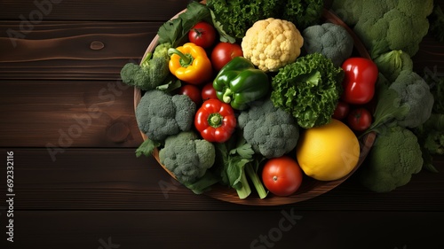 Variation of fresh vegetables on wooden background
