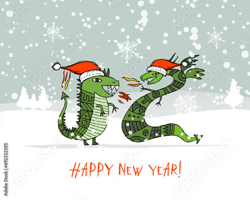 Couple of Funny Dragons in Santa hat in winter forest. Symbol of Chinese New ...