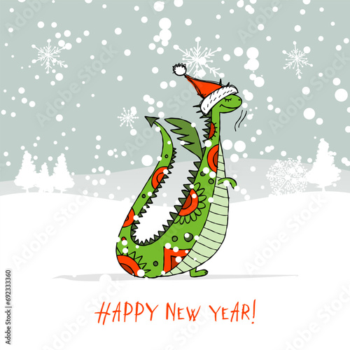 Funny Dragon character with Santa hat in winter forest. Symbol of Chinese New...