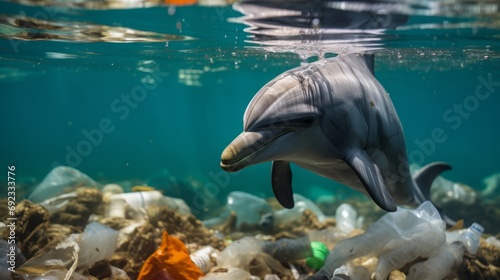 Close up of a dolphin swimming in a sea of plastic waste photo