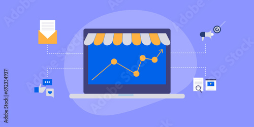 E-business store growth arrow on laptop screen, Digital marketing strategy email, social media promotion, Seo and targeted advertising integrated with digital campaign, vector illustration. 