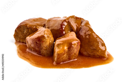 Stew Meat, stewed pork goulash, isolated on white background.