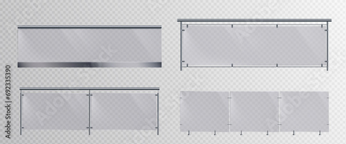 Glass handrails set isolated on transparent background. Vector realistic illustration of 3D plastic barrier, stairs balustrade for balcony, home or office interior, plexiglass fence on metal poles