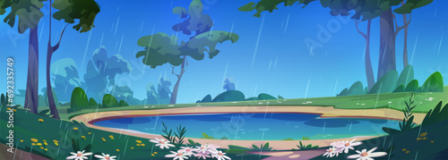 Lake in rainy summer forest. Vector cartoon illustration of wet trees and flowers in green spring valley, rainfall in fairytale woodland, water dropping from gloomy cloudy sky, beautiful scenery