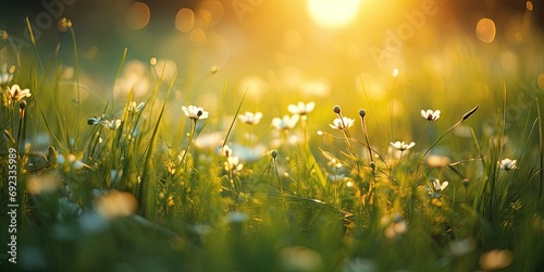Golden hours in meadow. Symphony of nature beauty. Summer embrace unveils carpet of blooming flowers with daisies painting landscape in shades of yellow