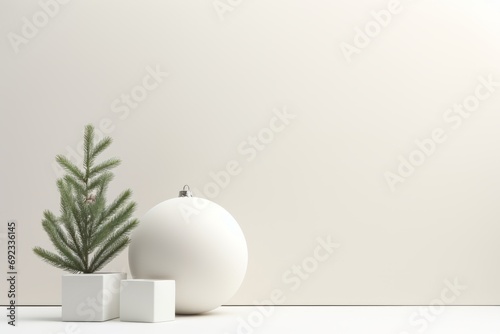 White christmas ornament sitting next to a small christmas tree photo