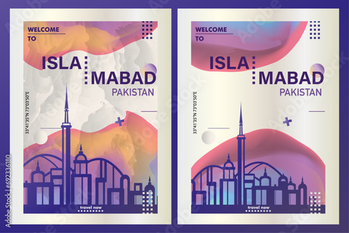 Islamabad city poster pack with abstract skyline, cityscape, landmark and attraction. Pakistan travel vector illustration layout set for vertical brochure, website, flyer, presentation