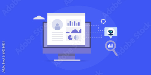 Artificial intelligence AI chatbot conducting market research and competitor analysis, data display on monitor, e-business report concept. Vector illustration.