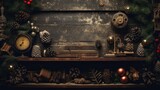 Rustic flatlay of vintage Christmas decorations forming a nostalgic backdrop.