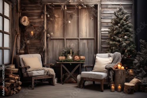 Rustic and cozy Christmas decor creating an inviting copy space