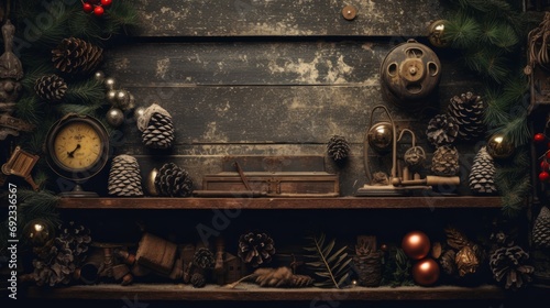 Rustic flatlay of vintage Christmas decorations forming a nostalgic backdrop.
