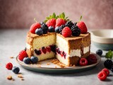 cheesecake with berries, Delicious homemade cake with fresh berries on light background
