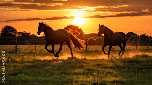 Silhouetted horses grazing in a field as the sun sets