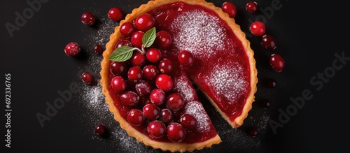 Bird's-eye view of cranberry tart with a sliced piece. photo