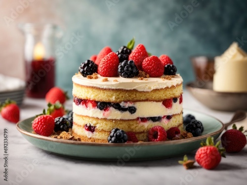 Delicious homemade cake with fresh berries on light background, cheesecake with berries