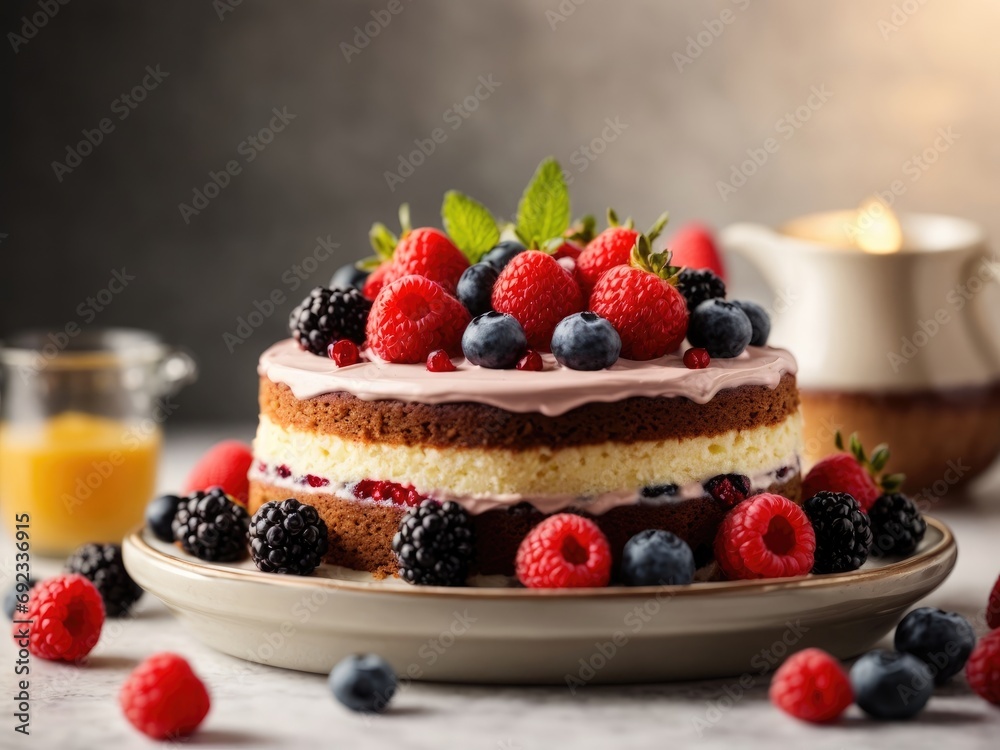 Delicious homemade cake with fresh berries on light background, cake with berries Delicious homemade cake with fresh berries on light background, cake with berries
